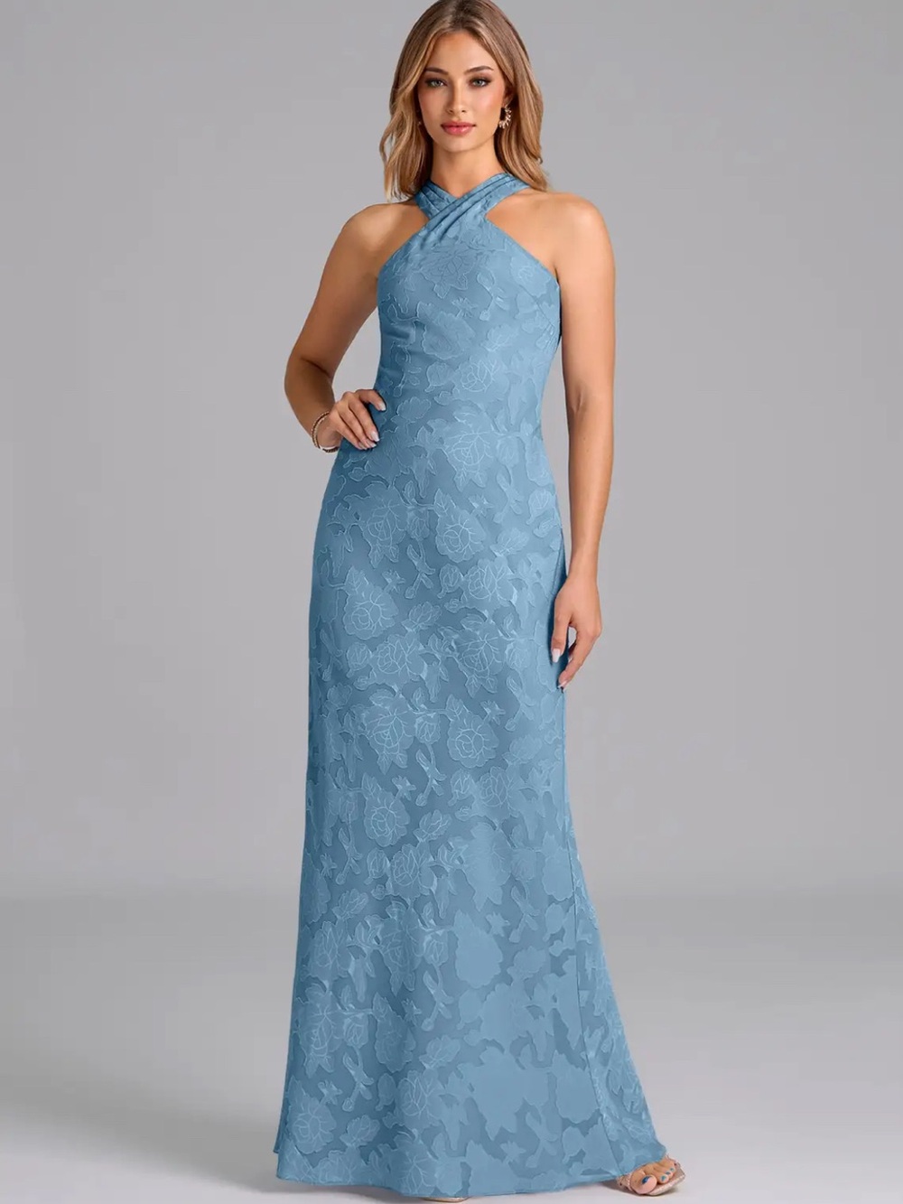 Azazie Blue Halter Floral Lace Maxi Dress